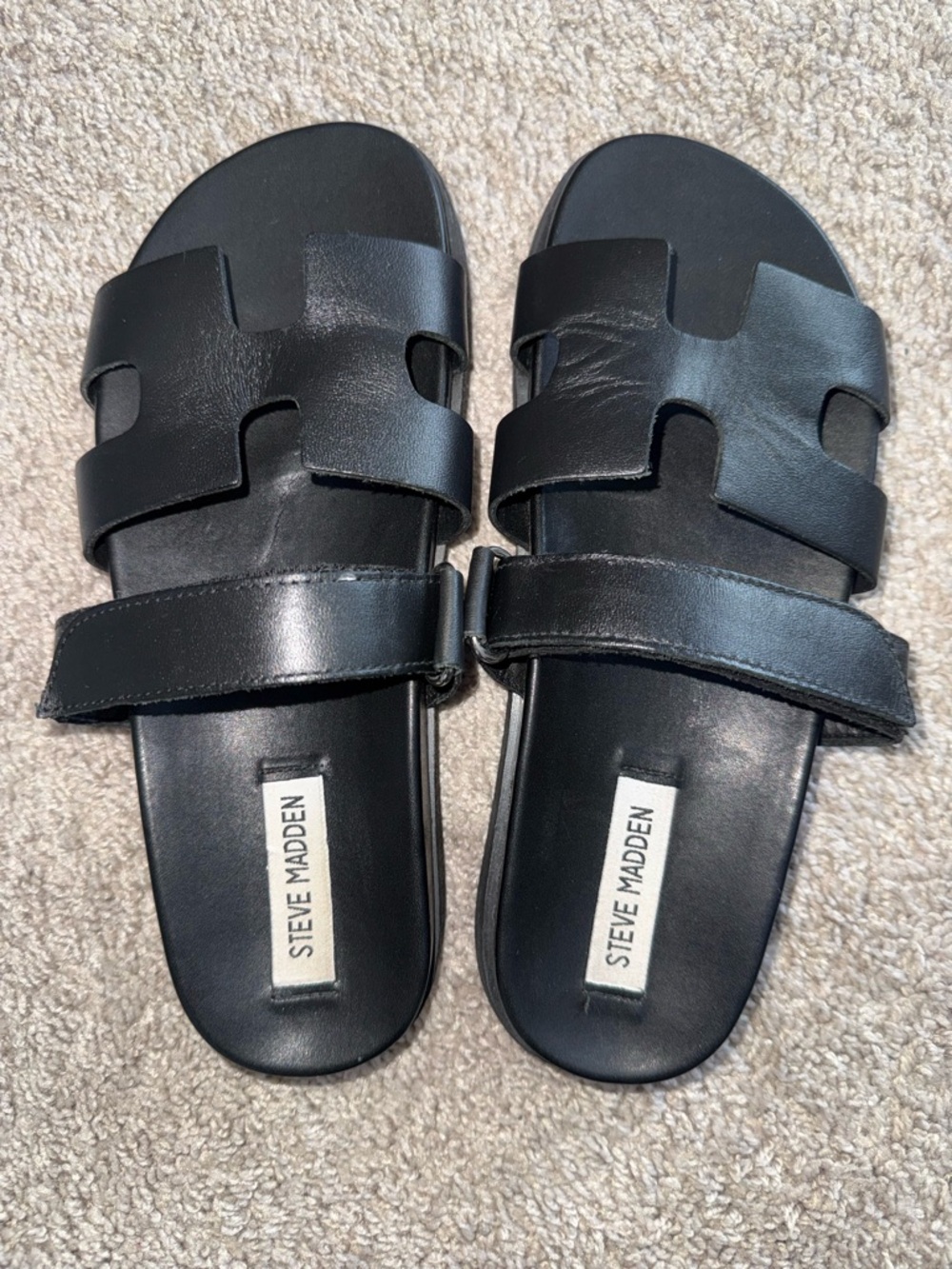 Steve Madden Black Leather Double-Strap Slide Sandals